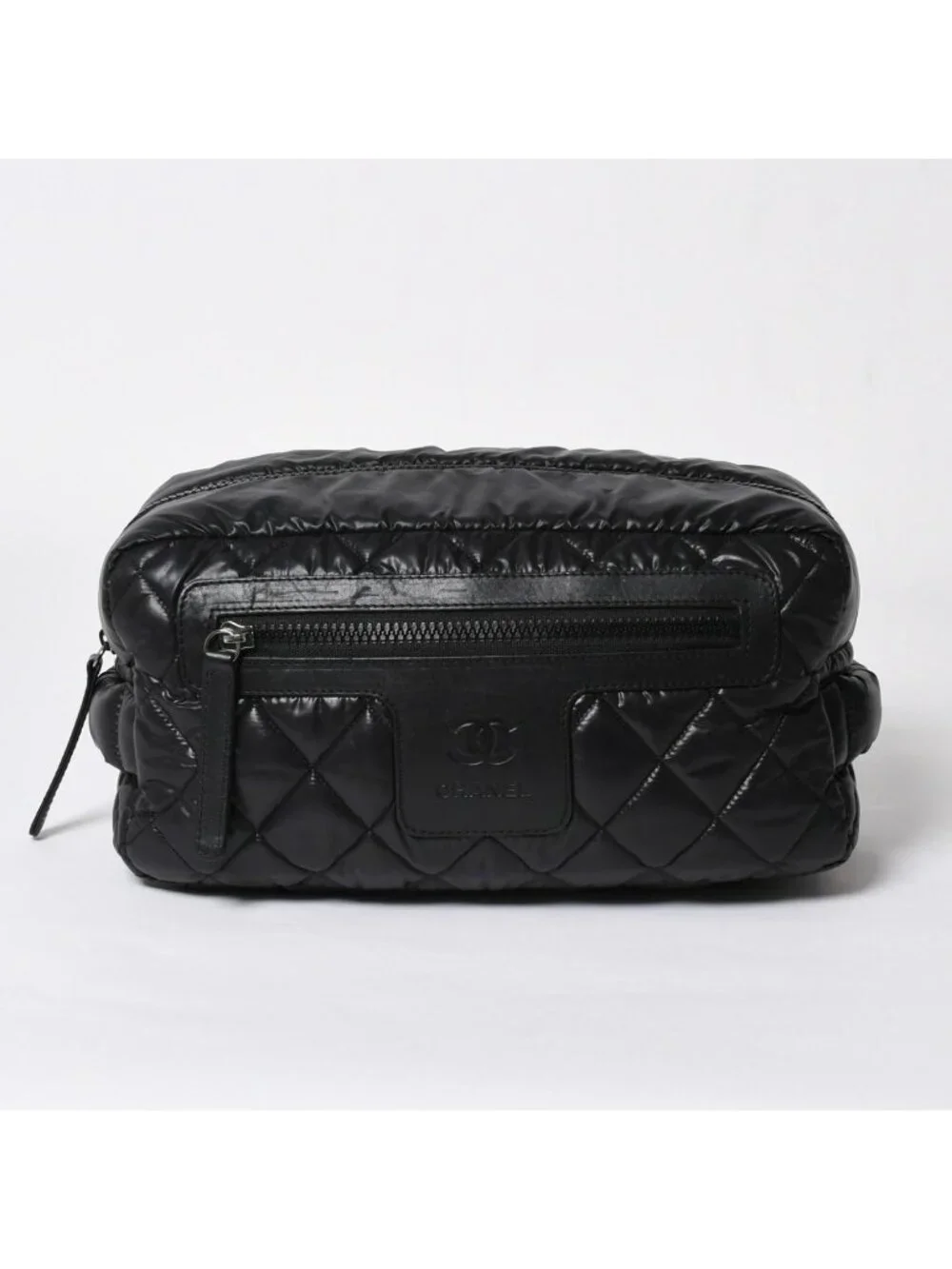 Chanel Coco Cocoon Clutch Black Nylon Calfskin Makeup Pouch Silver
